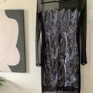 BCBGMaxAzria Black and Silver Sequin Long Sleeve Dress